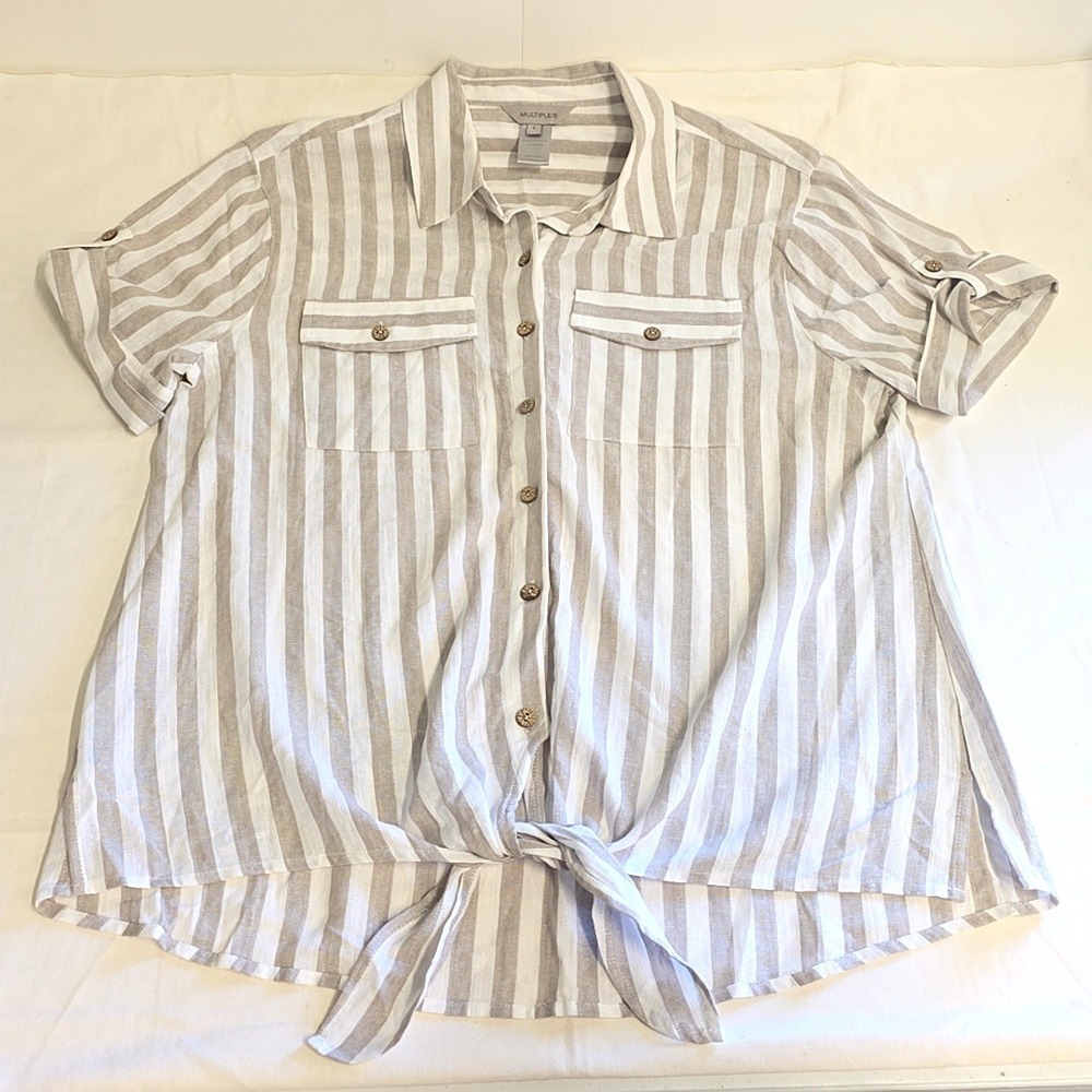 Multiples Button Down Top Womens L Tan Striped Tie Front Linen Blend Short Slv